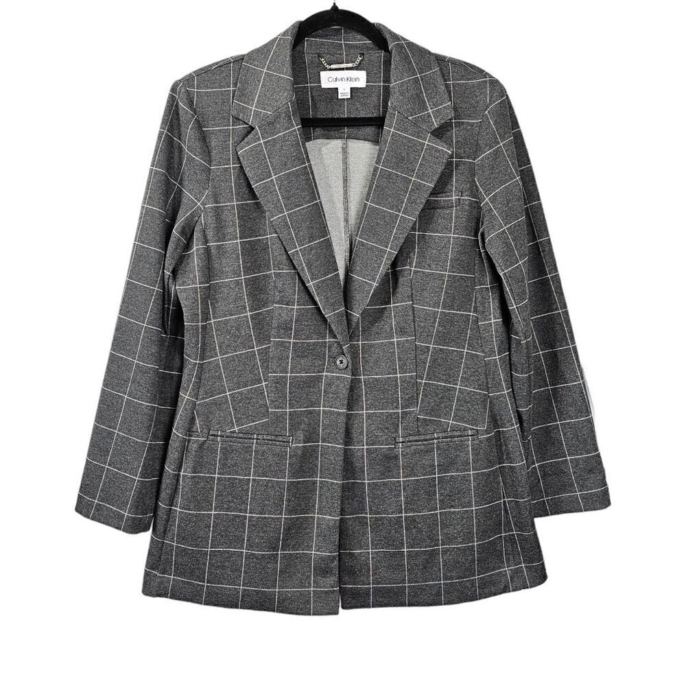 Calvin Klein Plaid Tailored Gray & White Single Button Blazer Jacket